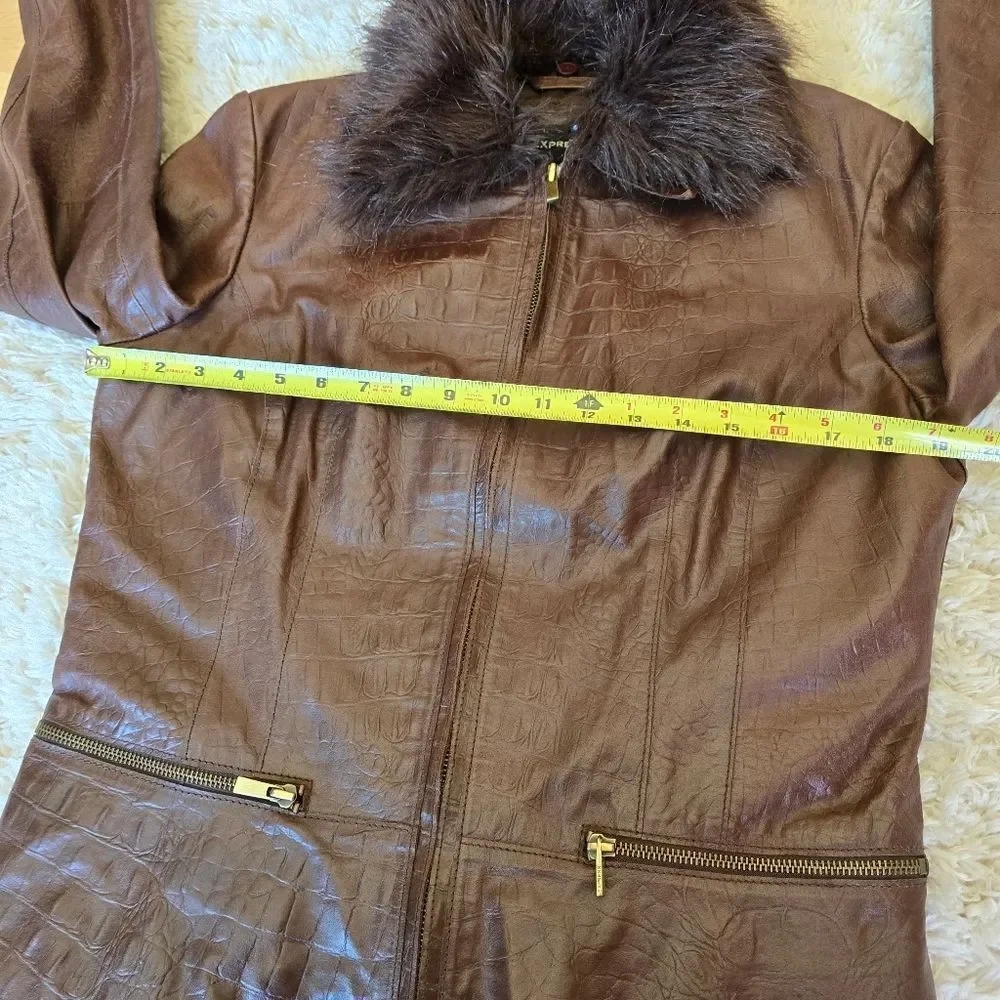 Express Genuine Leather Croc Embossed Brown Jacket Zip Size 14‎ Y2K 90s Western